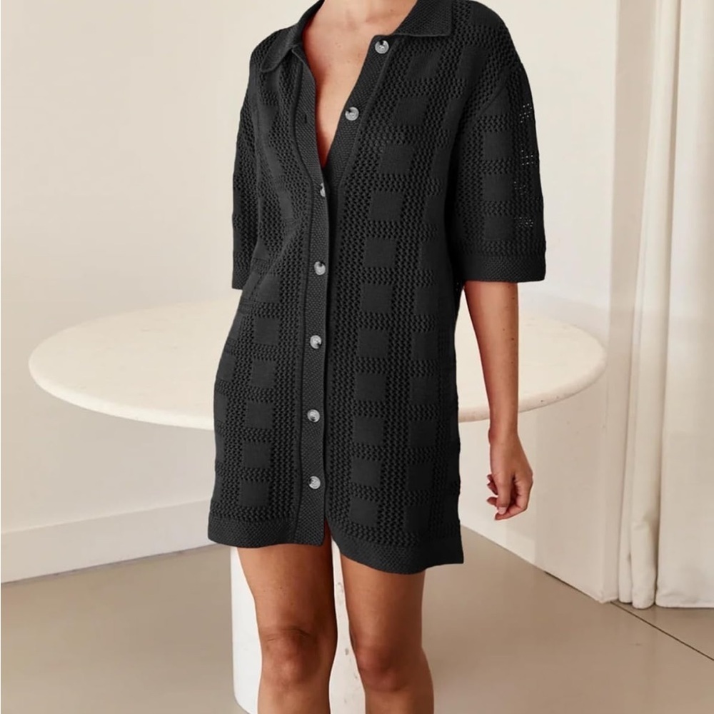 Crochet Dress Short Sleeve V Neck Button Up Casual Mini Shirt Dress S